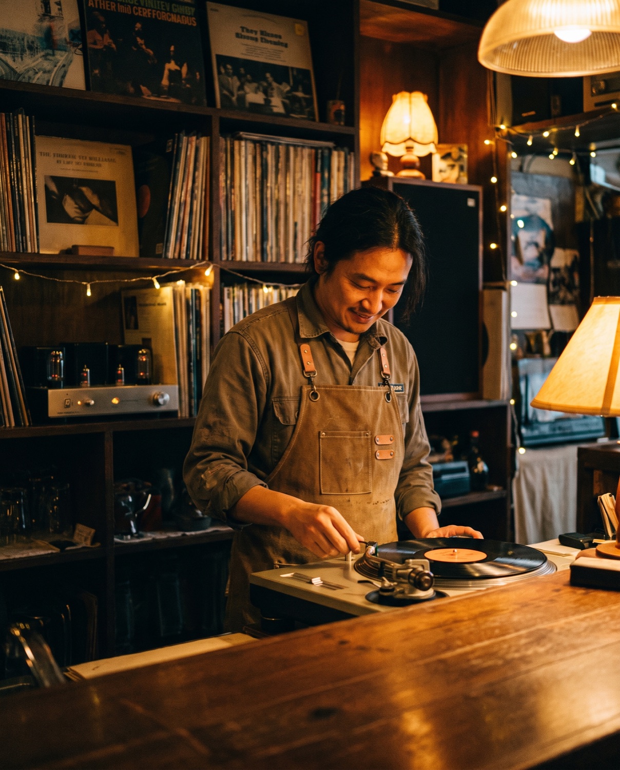 The owner and resident DJ behind the bar, lowering a needle onto a spinning record