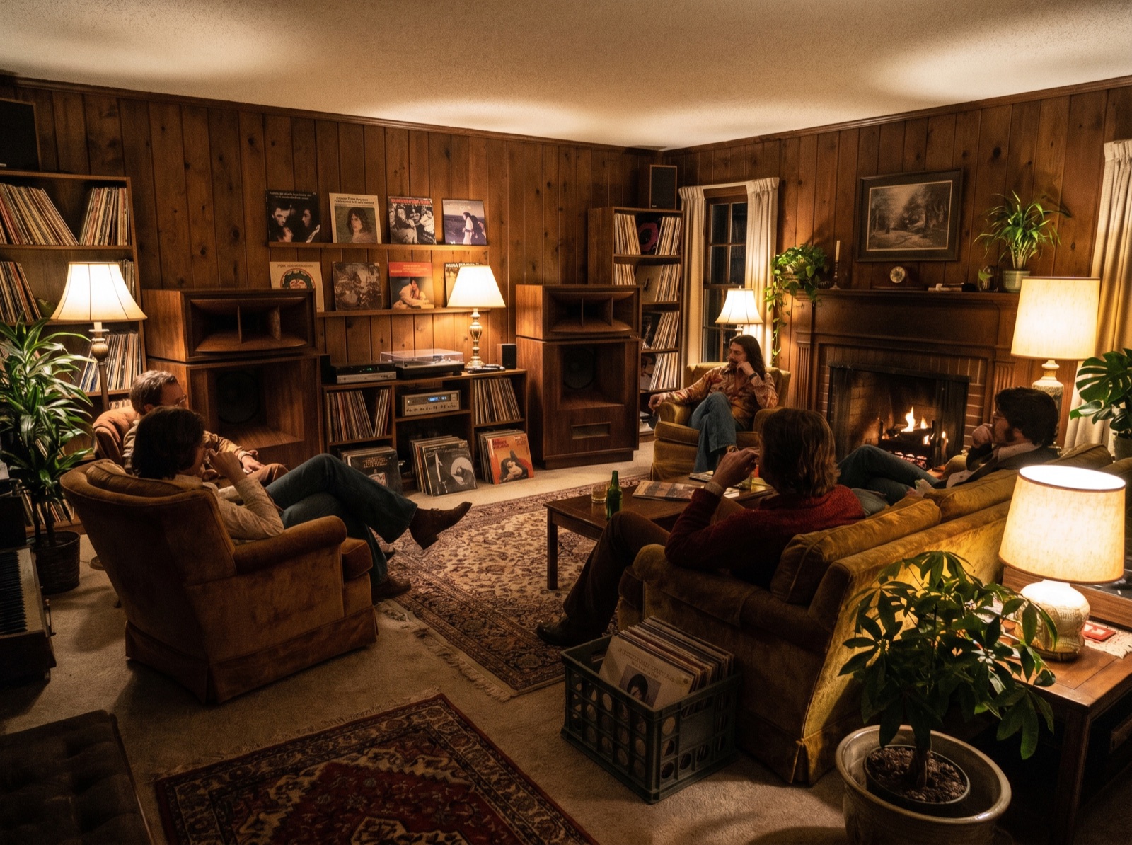The interior of Rooms Coffee, wood-panelled walls, vintage horn speakers and shelves of vinyl records