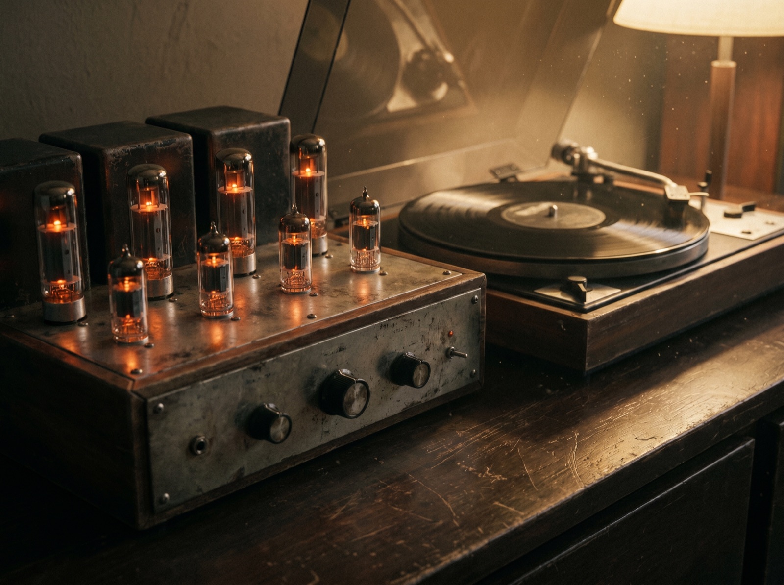 A vintage vacuum-tube amplifier and a turntable with a record spinning