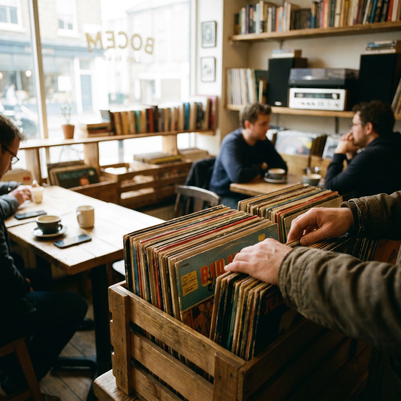 Hands flipping through a crate of vinyl records