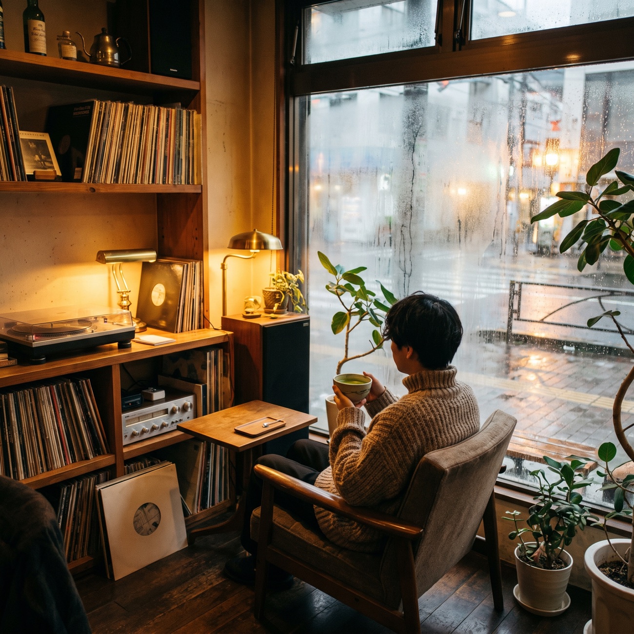 A cozy corner of the café on a rainy day, a matcha by a fogged window