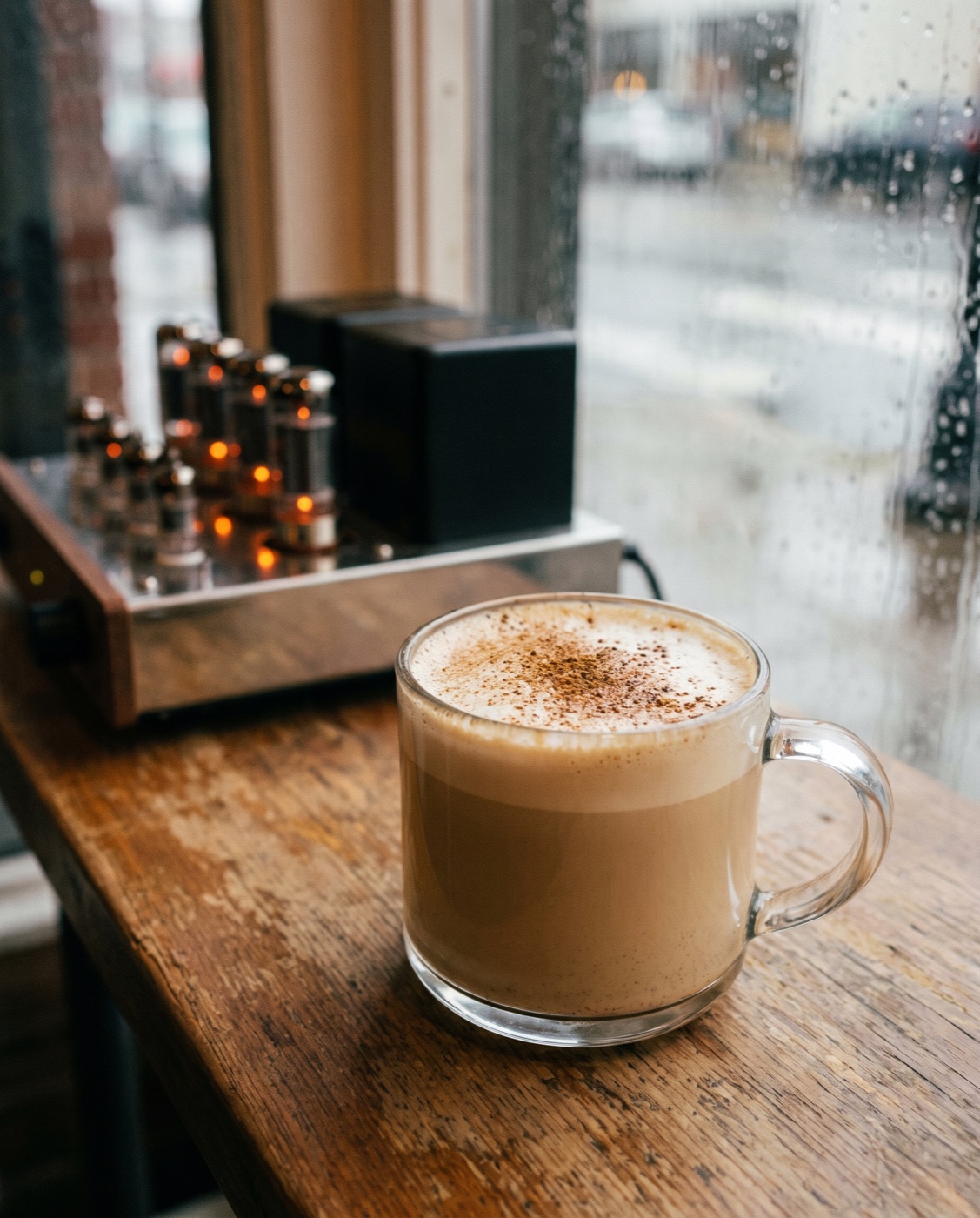 A warm Tokyo fog earl grey latte in a glass mug near a tube amplifier